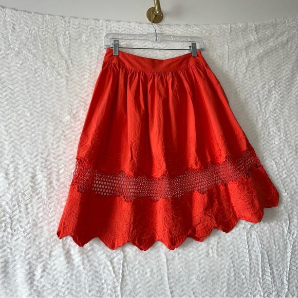 Asos Orange Floral Embroidered Scalloped Hem Boho Cottagecore Midi Skirt Women 6 - Picture 1 of 5